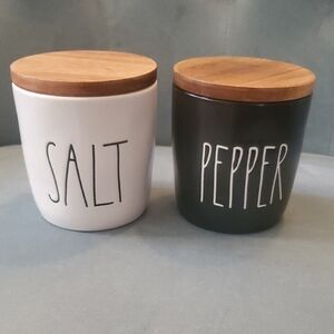 Rae Dunn Salt & Pepper Ceramic Canisters with Wood Lids - White & Black